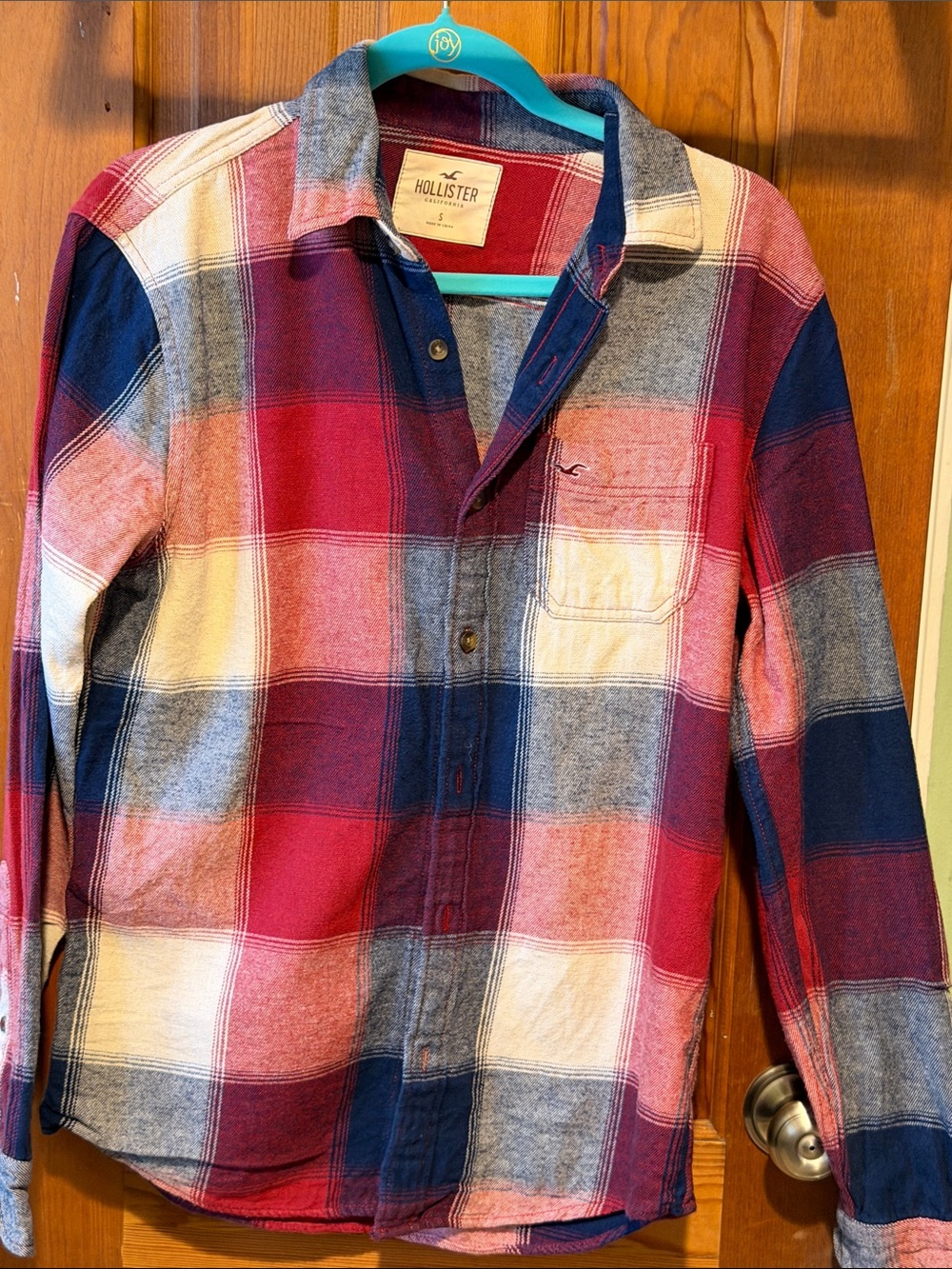 Hollister Men's Red, Navy & Cream Plaid Button-Down Shirt